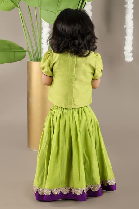 Shop Little Brats Green Cotton, Silk, Chanderi Embroidery, Lace Bird Cord Blouse And Ghagara Set at Aza Fashions Shop_Little Brats_Green Cotton, Silk, Chanderi Embroidery, Lace Bird Cord Blouse And Ghagara Set _at_Aza_Fashions