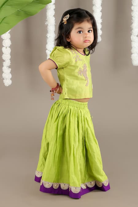 Little Brats Green Cotton, Silk, Chanderi Embroidery, Lace Bird Cord Blouse And Ghagara Set at Aza Fashions Little Brats_Green Cotton, Silk, Chanderi Embroidery, Lace Bird Cord Blouse And Ghagara Set _at_Aza_Fashions