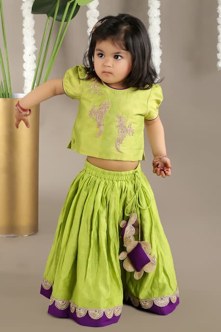 Buy Little Brats Green Cotton, Silk, Chanderi Embroidery, Lace Bird Cord Blouse And Ghagara Set Buy_Little Brats_Green Cotton, Silk, Chanderi Embroidery, Lace Bird Cord Blouse And Ghagara Set