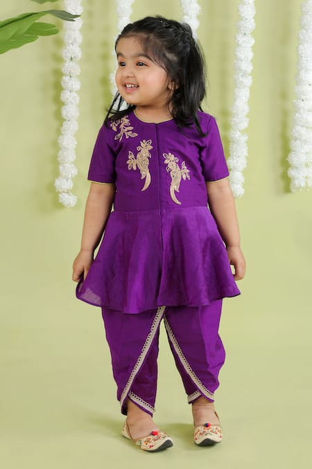 Little Brats_Purple Cotton, Chanderi Embroidery Bird Cord Peplum Top And Dhoti Pant Set _Online_at_Aza_Fashions