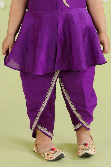 Buy_Little Brats_Purple Cotton, Chanderi Embroidery Bird Cord Peplum Top And Dhoti Pant Set _Online_at_Aza_Fashions