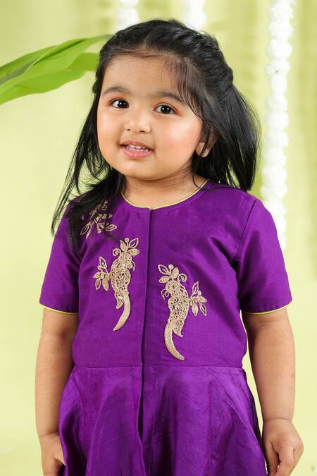Little Brats_Purple Cotton, Chanderi Embroidery Bird Cord Peplum Top And Dhoti Pant Set _at_Aza_Fashions
