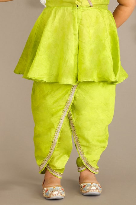 Little Brats_Green Cotton, Silk, Chanderi Embroidery, Lace Peplum Top And Dhoti Pant Set _Online_at_Aza_Fashions