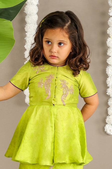 Shop_Little Brats_Green Cotton, Silk, Chanderi Embroidery, Lace Peplum Top And Dhoti Pant Set _Online_at_Aza_Fashions