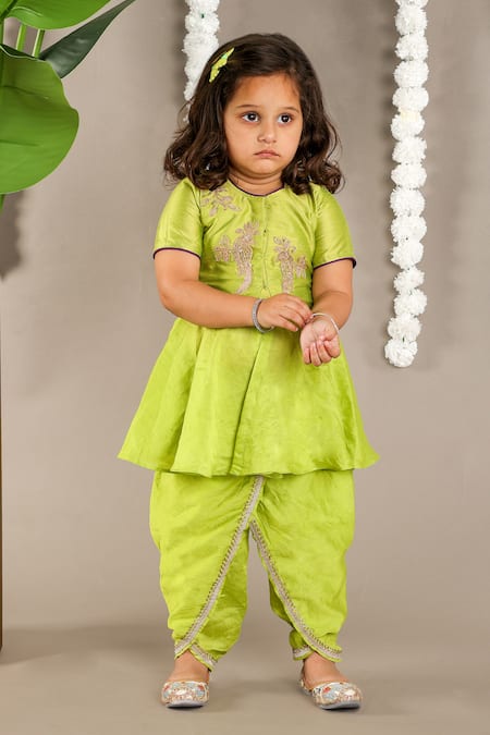 Little Brats_Green Cotton, Silk, Chanderi Embroidery, Lace Peplum Top And Dhoti Pant Set _at_Aza_Fashions