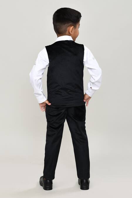 Shop_Petite Pomme_Black Velvet, Cotton Sequins Boys 3-piece Waistcoat Suit_at_Aza_Fashions
