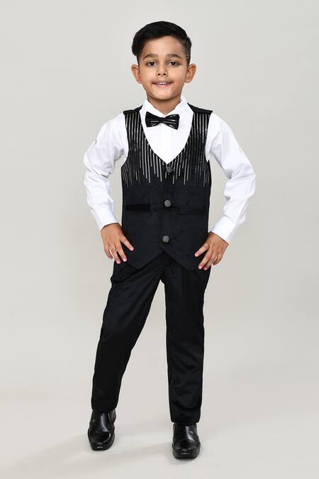 Petite Pomme_Black Velvet, Cotton Sequins Boys 3-piece Waistcoat Suit_at_Aza_Fashions