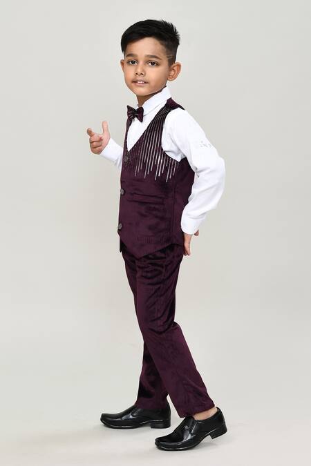 Shop_Petite Pomme_Purple Velvet, Cotton Sequins Boys 3-piece Waistcoat Suit_Online_at_Aza_Fashions