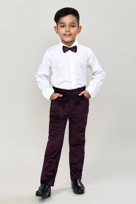 Petite Pomme_Purple Velvet, Cotton Sequins Boys 3-piece Waistcoat Suit_at_Aza_Fashions