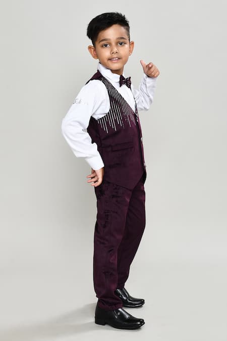 Shop_Petite Pomme_Purple Velvet, Cotton Sequins Boys 3-piece Waistcoat Suit