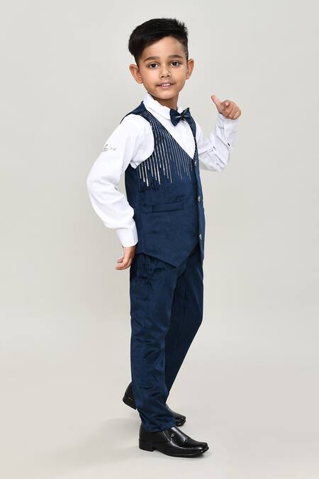 Buy_Petite Pomme_Turquoise Velvet, Cotton Boys Waistcoat Suit Set_Online_at_Aza_Fashions
