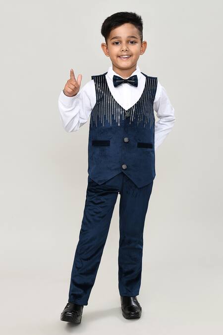 Petite Pomme_Turquoise Velvet, Cotton Boys Waistcoat Suit Set_at_Aza_Fashions