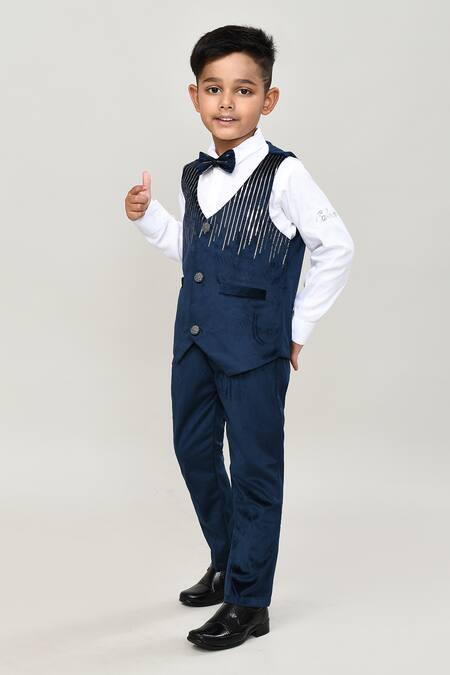 Buy_Petite Pomme_Turquoise Velvet, Cotton Boys Waistcoat Suit Set