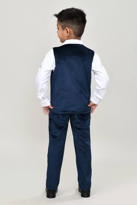 Shop_Petite Pomme_Turquoise Velvet, Cotton Boys Waistcoat Suit Set_at_Aza_Fashions
