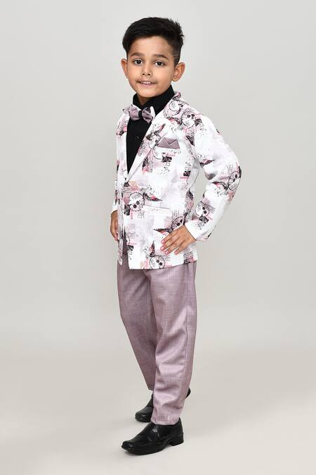 Petite Pomme_Black Cotton Solid Shirt And Trouser Set With Printed Blazer_Online_at_Aza_Fashions