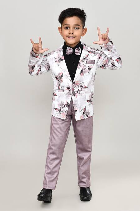 Petite Pomme_Black Cotton Solid Shirt And Trouser Set With Printed Blazer_at_Aza_Fashions