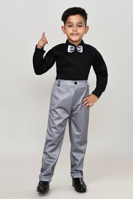 Petite Pomme_Black Cotton Solid Shirt And Trouser Set With Printed Blazer_Online_at_Aza_Fashions