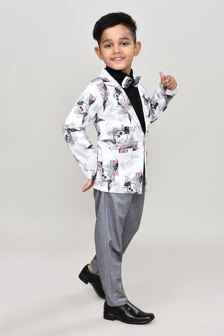 Petite Pomme_Black Cotton Solid Shirt And Trouser Set With Printed Blazer_at_Aza_Fashions