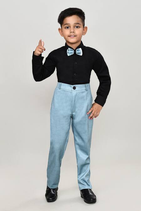 Petite Pomme_Black Cotton Solid Shirt And Trouser Set With Printed Blazer_Online_at_Aza_Fashions