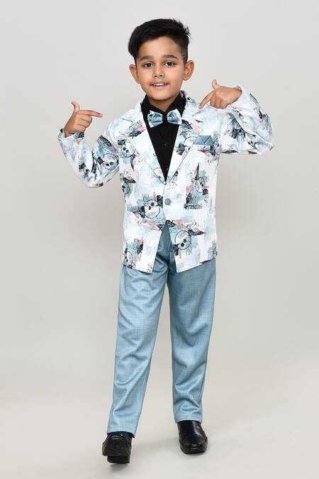 Shop_Petite Pomme_Black Cotton Solid Shirt And Trouser Set With Printed Blazer_Online_at_Aza_Fashions