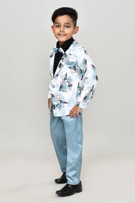 Petite Pomme_Black Cotton Solid Shirt And Trouser Set With Printed Blazer_at_Aza_Fashions