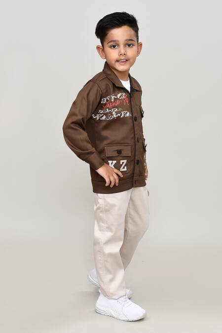Buy_Petite Pomme_Brown Cotton Piping, Embroidery Boys Full Sleeves Jacket And Trouser Set_Online_at_Aza_Fashions