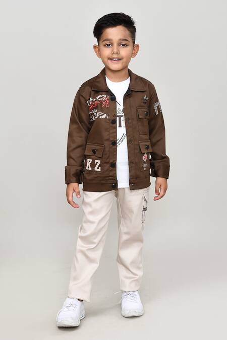 Shop_Petite Pomme_Brown Cotton Piping, Embroidery Boys Full Sleeves Jacket And Trouser Set_Online_at_Aza_Fashions