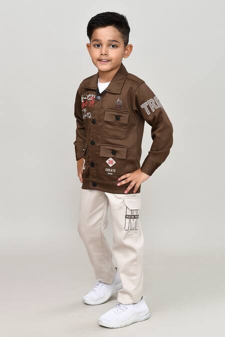 Petite Pomme_Brown Cotton Piping, Embroidery Boys Full Sleeves Jacket And Trouser Set_at_Aza_Fashions