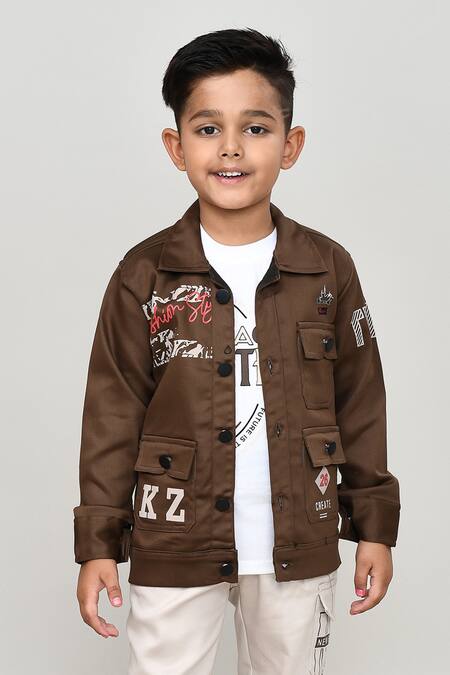 Buy Petite Pomme Brown Cotton Piping, Embroidery Boys Full Sleeves Jacket And Trouser Set Buy_Petite Pomme_Brown Cotton Piping, Embroidery Boys Full Sleeves Jacket And Trouser Set