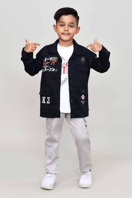 Shop_Petite Pomme_Navy , Satin Blue Jacket And Trouser Set_Online_at_Aza_Fashions