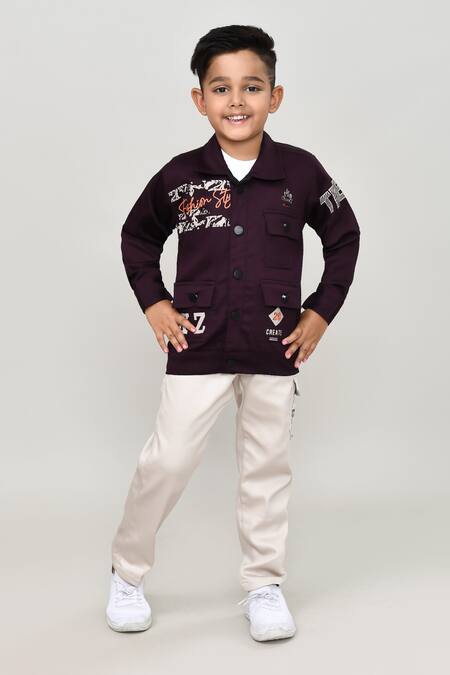 Buy_Petite Pomme_Wine Cotton Embroidery Boys Full Sleeves Jacket And Trouser Set_Online_at_Aza_Fashions