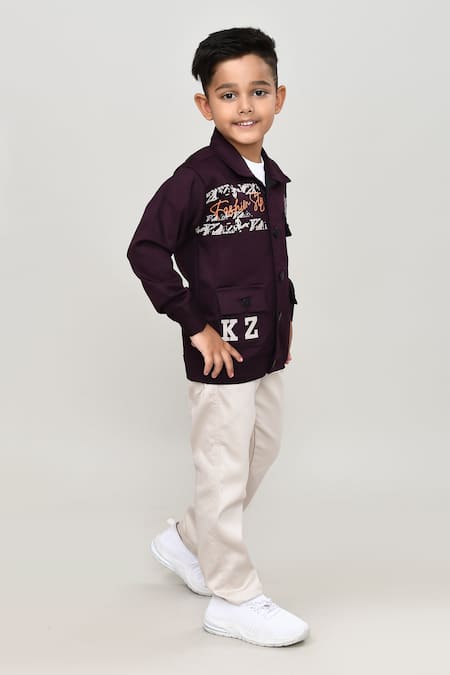 Petite Pomme_Wine Cotton Embroidery Boys Full Sleeves Jacket And Trouser Set_at_Aza_Fashions
