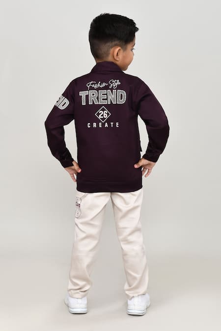 Shop_Petite Pomme_Wine Cotton Embroidery Boys Full Sleeves Jacket And Trouser Set_at_Aza_Fashions