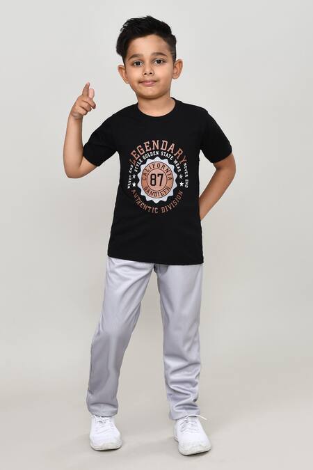 Petite Pomme_Gray Cotton Printed Blazer Set With T-shirt And Trouser_Online_at_Aza_Fashions