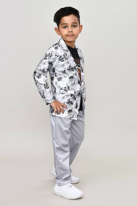 Shop_Petite Pomme_Gray Cotton Printed Blazer Set With T-shirt And Trouser_Online_at_Aza_Fashions