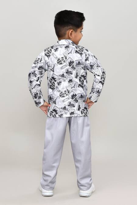 Shop_Petite Pomme_Gray Cotton Printed Blazer Set With T-shirt And Trouser_at_Aza_Fashions