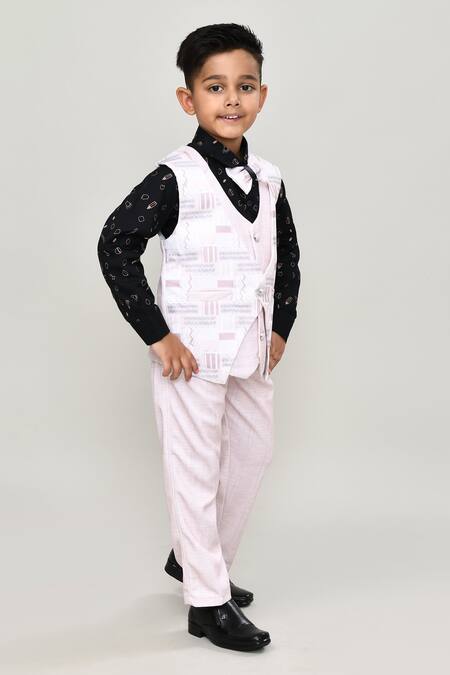 Petite Pomme_Black Cotton Printed Waistcoat Suit With Bow Tie _Online_at_Aza_Fashions