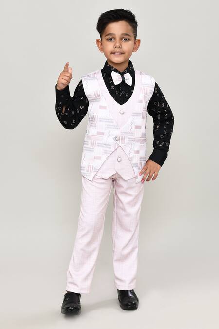 Shop_Petite Pomme_Black Cotton Printed Waistcoat Suit With Bow Tie _Online_at_Aza_Fashions