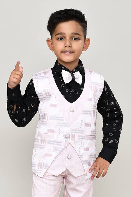Buy_Petite Pomme_Black Cotton Printed Waistcoat Suit With Bow Tie 