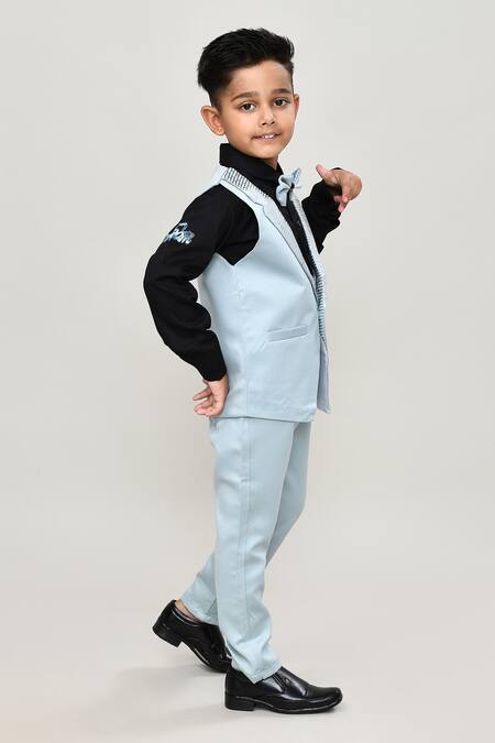 Petite Pomme_Blue , Satin Boys 3-piece Waistcoat Suit_at_Aza_Fashions