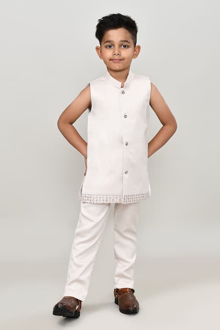 Petite Pomme_Beige Polyester Embroidery Solid Waistcoat And Trouser Set With Indo Blazer _Online_at_Aza_Fashions