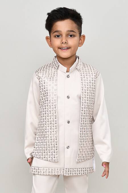 Petite Pomme_Beige Polyester Embroidery Solid Waistcoat And Trouser Set With Indo Blazer _at_Aza_Fashions