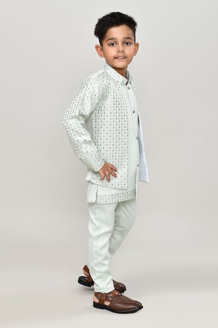 Petite Pomme_Green Polyester Embroidery Solid Waistcoat And Trouser Set With Blazer _at_Aza_Fashions