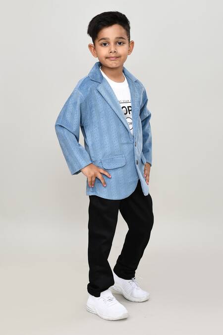 Buy_Petite Pomme_Sky Blue Velvet, Cotton, Polyester 3-piece Suit Set With Jacket