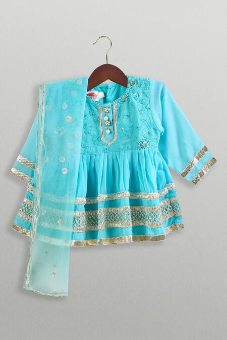 Little Bansi Blue Cotton, Chiffon Sequins, Gota Patti, Embroidery Kurta Sharara Set Online at Aza Fashions Little Bansi_Blue Cotton, Chiffon Sequins, Gota Patti, Embroidery Kurta Sharara Set_Online_at_Aza_Fashions
