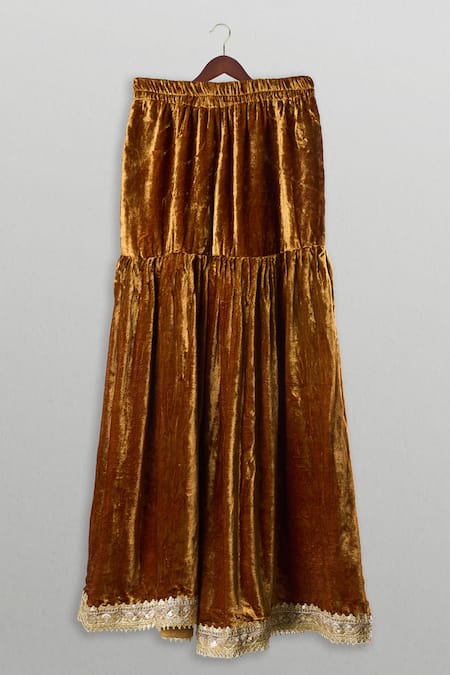 The Plum Bum_Brown Velvet, Organza Gota Patti, Embroidery Kurta Sharara Set _Online_at_Aza_Fashions