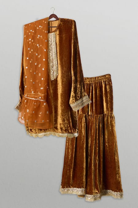 Buy_The Plum Bum_Brown Velvet, Organza Gota Patti, Embroidery Kurta Sharara Set _Online_at_Aza_Fashions