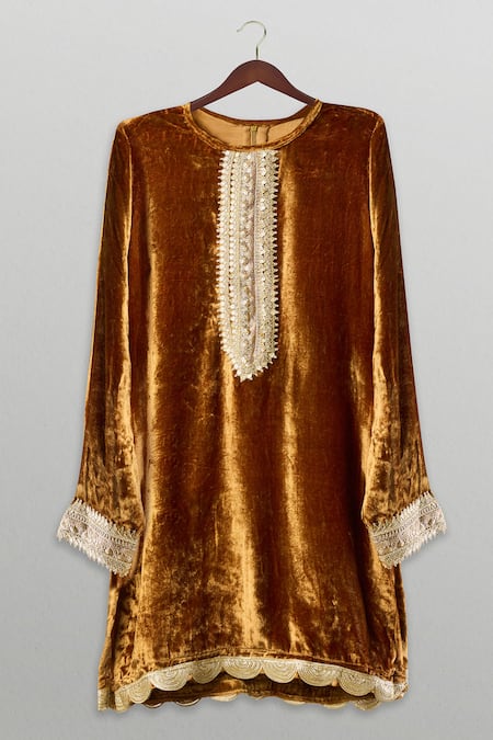 Shop_The Plum Bum_Brown Velvet, Organza Gota Patti, Embroidery Kurta Sharara Set _Online_at_Aza_Fashions