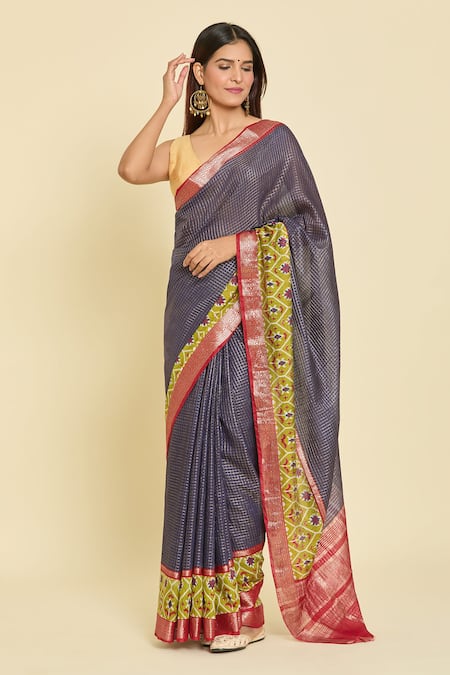 Shop_Naintara Bajaj_Purple Chanderi, Cotton Abstract Floral Detailed Saree With Running Blouse _Online_at_Aza_Fashions