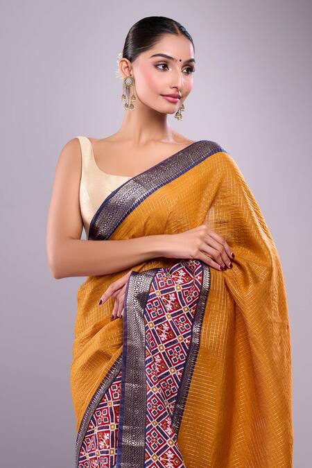 Samyukta Singhania_Yellow Chanderi, Cotton, Silk Checks Saree With Running Blouse _Online_at_Aza_Fashions